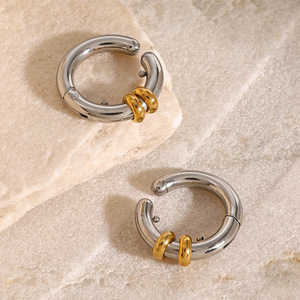 <b>Clip</b>-on Earrings Stainless Steel Gold <b>Silver</b> Color-blocked Geometric Round Design Fashion Jewelry Gift - Product Image 4