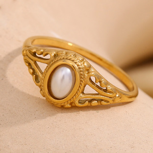 2026 Vintage Hollow Carved Oval Natural Pearl Inlaid Stainless Steel 18K Gold Plated <b>Retro</b> Women Statement Stackable Finger Ring - Product Image 5