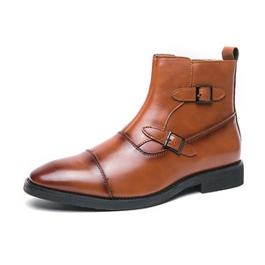 Bottines Chelsea pour hommes, bout carré, cuir véritable, sangle à boucle, motif uni, semelle extérieure en caoutchouc résistante à l'abrasion, automne - Product Image 3