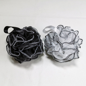<b>Bath</b> Ball Large Size Black And White Mesh With Ribbon For Men And Women <b>Bath</b> <b>Sponge</b> Shower Pouf - Product Image 2