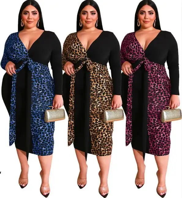 Langarm Sexy V-Ausschnitt Leopard Big Size Kleider Dicke Frauen Lady Printed Patchwork Casual Plus-Size-Kleider 4xl 5xl