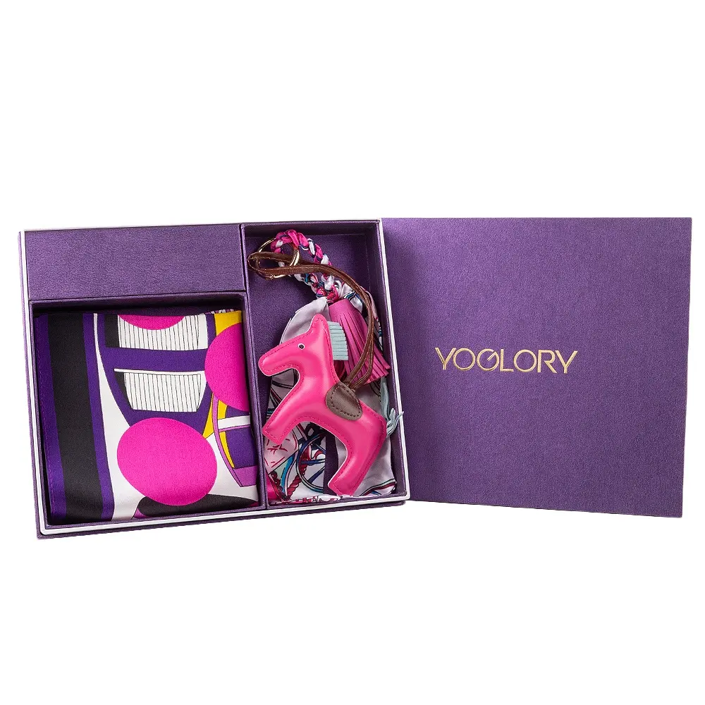 YOGLORY new idea ladies gift sets silk scarf and keychain with fashion purple gift box
