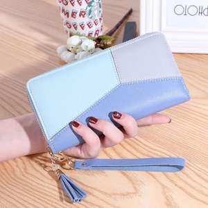 Dompet wanita ritsleting kulit panjang perempuan dompet pola geometris dompet rumbai tempat kartu sederhana dompet wanita J0088 - Product Image 2