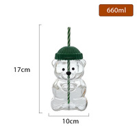 Gobelet en verre borosilicate de Noël en forme d'ours en peluche 550-600 ml, anti-fuite, avec couvercle vert et paille, compatible micro-ondes et lave-vaisselle