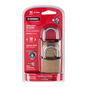 Hermex CL-40X2 cadenas 40mm en laiton avec crochet court étanche en acier à clé Lot de 2 dans emballage blister - Product Image 1