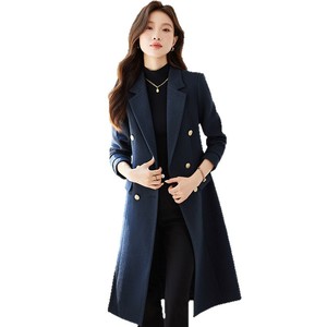 Women's Trench Coat Double Breasted Woolen Long Coat Navy Blue Purple Solid Color Professional Formal Winter Wear - Product Image 5