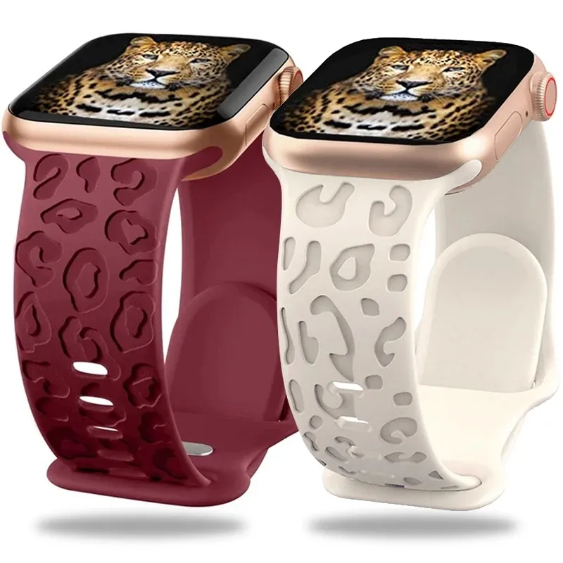 Leopard Engraved Silicone Strap for iWatch Series 8 7 6 5 4 3 Stylish Hollow s Paw Design