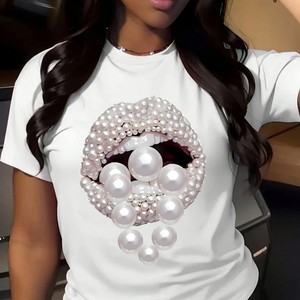 Camiseta de <span class=keywords><strong>mujer</strong></span> de moda con estampado artístico de labios, estilo artístico, talla grande, de verano, manga corta, informal, venta al por mayor - Product Image 2