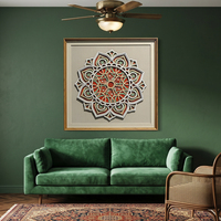 Art mural mandala sculpté multicouche 3D, tons rouge vert rétro Boho Geo encadré pour salon chambre hôtel