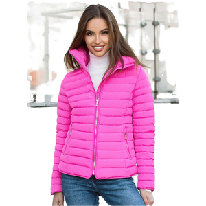 <b>Pink</b> Quilted Puffer <b>Jacket</b> Men's Winter Windproof <b>Waterproof</b> Zipper Closure Stand Collar Casual Style Slim Fit Cotton Filled - Product Image 1