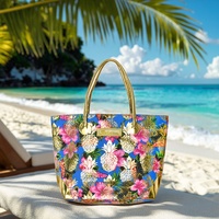 Sac de plage en PU à imprimé ananas et hibiscus, à une épaule, avec fermeture éclair, bordure dorée métallique, doubles poignées supérieures, grande capacité