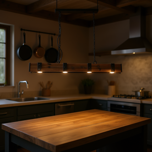 Rowen Rustic 4-<b>Light</b> <b>LED</b> Linear Chandelier Rust Wood Metal Island Pendant <b>Light</b> - Product Image 2