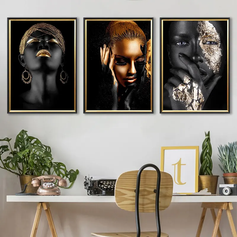 Peinture à l'huile de femme noire et or, Art africain, affiche sur toile, tableau d'art mural imprimé