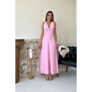 ชุดราตรีทรงเอไลน์สีชมพูผ้าซาตินแบบผูกคอ เปิดหลัง เอวธรรมชาติ ใส่สบาย - Product Image 4