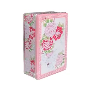 Customized Peony Design Cookie Tin Can Rectangular Tin Packaging for Store Metal Box Pink Color Printing