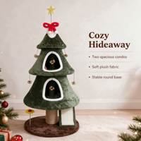 Arbre à chat de Noël festif de luxe, Centre d'activités pour chat à 3 niveaux, 2 condos confortables, Poteau à gratter en sisal, Carton interactif