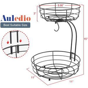 Double Layer Wrought Iron Fruit Basket Black Round <b>Standing</b> Modern Kitchen Storage With Banana Hook For Home Indoor Outdoor Use - Product Image 3