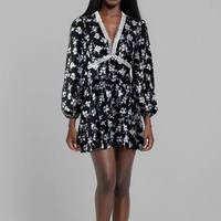 Robe courte en mousseline de soie à imprimé floral, col en V, manches longues, sexy et décontractée pour femmes