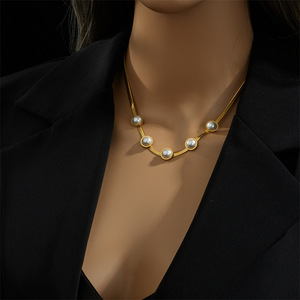 Pearl Necklace Gold AAA Grade Bezel Setting Geometric Ball Shape Everyday Wear Snake Bone Chain - Product Image 3