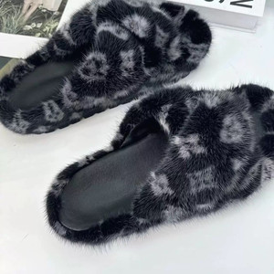 Women Mink Fur slippers Fashion Factory Wholesale <strong>Black</strong> Grey Pattern Fluffy Breathable Soft Plush <strong>Platform</strong> - Product Image 6