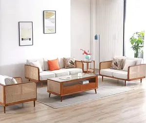 Sofá de madeira maciça para hotel, design luxuoso, cadeira, móveis de lazer e férias, sofá secional de vime para interior