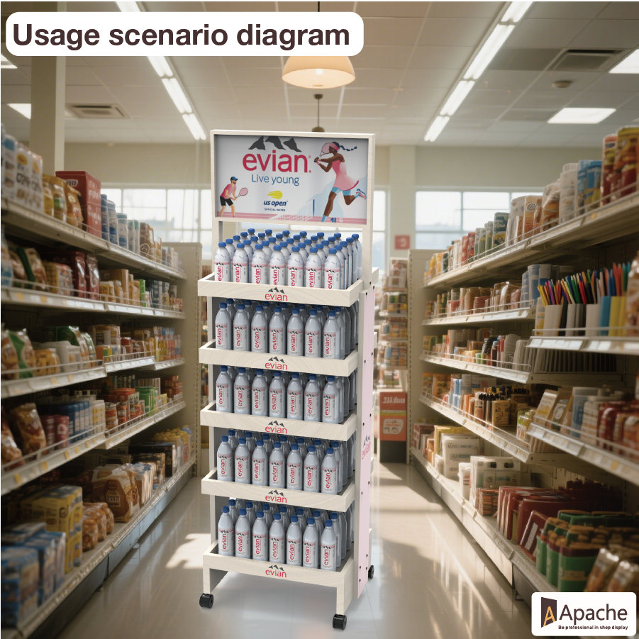 Customized Foldable Wood Five-Tier Floor Stand Mineral Water Beverage Display Rack for Supermarkets and Retail Stores — view 6