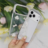Coque de téléphone 3D avec fleurs en perles, strass et nœuds scintillants pour iPhone X/11/12/13/14/15/16/17 Redmi, antichoc, mignonne et protectrice pour filles
