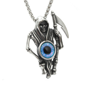 Death God Skeleton Pendant Necklace With Blue Eye Inlay <b>Titanium</b> Steel Unisex Fashion Jewelry - Product Image 1