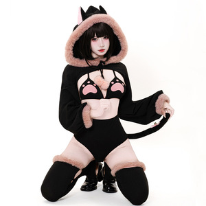 Cotton <strong>Men's</strong> Adult Japanese-style Cute Cat <strong>Onesie</strong> Bikini Set with Detachable Tail <strong>Fluffy</strong> Ears in Charming Adorable Style - Product Image 4