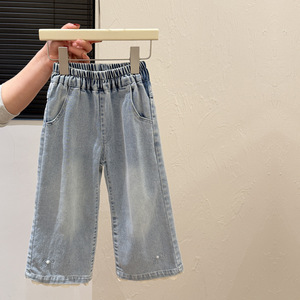 <span class=keywords><strong>Jean</strong></span> respirant pour filles avec nœud perlé, coupe <span class=keywords><strong>large</strong></span> et ample, délavage clair, denim doux, pantalon décontracté style streetwear, taille élastique - Product Image 1