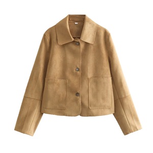 Womens Tan Genuine <b>Leather</b> Regular <b>Jacket</b> Turn-Down Collar Button Front Patch Pockets High Quality <b>Leather</b> Cotton Filling - Product Image 1