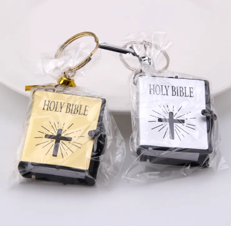 Wholesale Christian Religious Gifts Mini Holy Bible Metal Book Keychain Jesus Cross Keyring