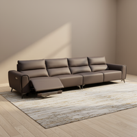 Canapé inclinable électrique 4 places en cuir véritable avec cadre en bois, style moderne et minimaliste, pour salon, hôtel ou villa