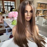 Perruque en cheveux humains vierges russes de petite taille 26 pouces, perruque en dentelle HD complète, sans colle, couleur brune, double trame, perruque en dentelle frontale
