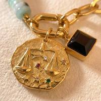 Collier asymétrique en pierre naturelle noire avec chaîne à maillons, pendentif pièce bohème, bijou de déclaration pour femme