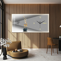 Reloj de Pared LED Moderno Art Deco, Pintura Decorativa de Cristal, Porcelana y Acrílico para Sala de Estar Familiar, Arte de Pared de Bodegón