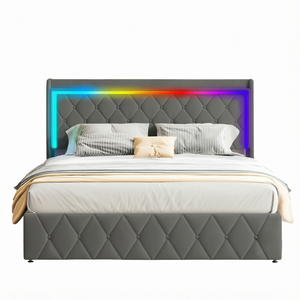 Cama Moderna Queen Size con Sistema de Elevación, Almacenamiento Secreto, Cargador USB y Luces RGB con Música en Color Beige Grisáceo - Product Image 1