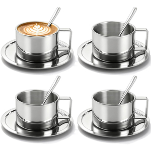 Tasses à café en <span class=keywords><strong>acier</strong></span> inoxydable 18/8, tasses à expresso avec soucoupe et cuillère, jolies tasses à café avec poignée, vaisselle pour boissons, tasses à latte, cappuccino, thé au lait - Product Image 1