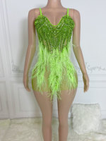 Ocstrade Prêt à expédier - Chat avant commande - Nouvelle robe de soirée mini en plumes vertes et cristaux pour femme, idéale pour anniversaire ou club, avec strass