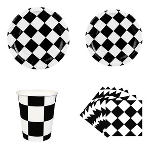 Juego de Vajilla a Cuadros Blancos y Negros con Temática de Carreras, Decoraciones de Cumpleaños, Banderines, Manteles Desechables, 40-60 Piezas - Product Image 2