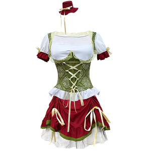 Women's Oktoberfest Costume Set <b>Red</b> Green Dirndl Dress With Headpiece Adult Performance Wear - Product Image 4