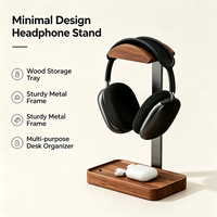 Support pour casque audio en bois vintage avec plateau de rangement pour la maison, le bureau et les jeux sur ordinateur