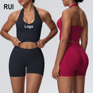 Ensemble de yoga sans couture respirant pour femme RUIQUWIN avec logo personnalisé, soutien-gorge de sport halter et short taille haute pour la gym et l'entraînement - Product Image 1