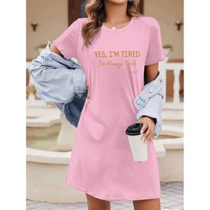 Vestido con estampado gráfico YES I'M TIRED I'M ALWAYS TIRED para mujer, nuevo estilo, informal, deportivo, con cuello redondo, cintura elástica, ropa de ocio - Product Image 3