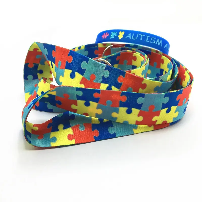 Autism Awareness Ribbon Sublimation Printing Lanyard with ID card lanyard with silicone bracelets & bangles