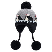 Bonnet tricoté pour femme avec protection des oreilles pour l'hiver, motif pingouin de dessin animé, doublure polaire, sangle sous le menton et pompons
