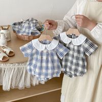 Romper de Verano para Bebé Niña, de Algodón, con Cuello Peter Pan, Manga Corta, a Cuadros, con Gorro