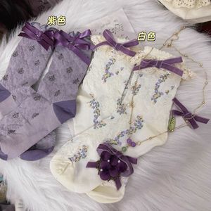 Lolita Style Mid-Calf <b>Socks</b> <b>Purple</b> Bow Design Breathable Women's <b>Socks</b> Youth Fashion - Product Image 3