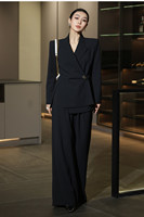 Ensemble de costume de luxe léger noir uni en fibre de polyester peignée à manches longues pour femme, avec pantalon droit à taille ajustée, collection Printemps/Été
