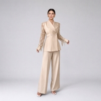 Ensemble tailleur 2 pièces abricot pour femme en Spandex/Polyester, col cranté, manches longues, sequins, pompons, blazer croisé coupe droite et pantalon large